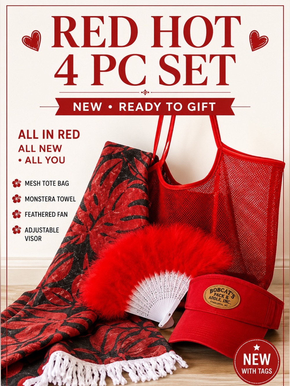 4 PC Red Picnic Pool Gift Set | Mesh Tote Monstera Towel Fan Bobcat Visor NWT